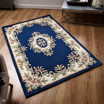 Royal Traditional Floral Aubusson Medallion Border French-Style Hand-Carved Hi-Low Textured Soft Durable Wool Blue Rug-Melrose-Rug Love - The Most Loved Rug Store